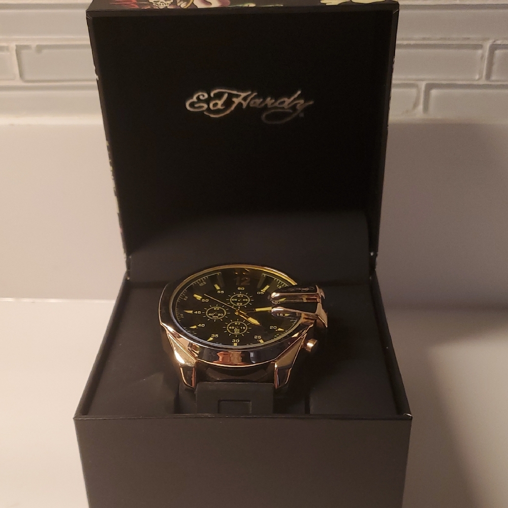 Ed Hardy Black and Gold Chronograph Watch NIB
